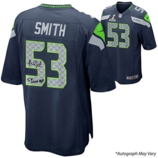 Nike NFL Seattle Seahawks #53 Malcolm Smith Steel Blue Team Color Stitched Elite Autographed Jersey
