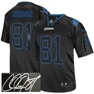 Nike Detroit Lions #81 Calvin Johnson Lights Out Black Men's Stitched NFL Elite Autographed Jersey