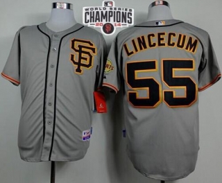 San Francisco Giants #55 Tim Lincecum Grey Road 2 W 2014 World Series Champions Patch Stitched MLB J