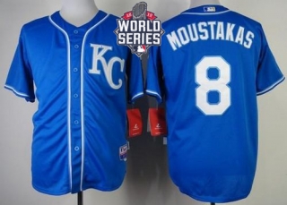 Kansas City Royals -8 Mike Moustakas Blue Alternate 2 Cool Base W 2015 World Series Patch Stitched M