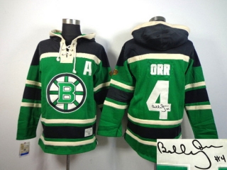 Autographed Boston Bruins -4 Bobby Orr Green Sawyer Hooded Sweatshirt Stitched NHL Jersey