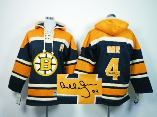 Autographed Boston Bruins -4 Bobby Orr Black Sawyer Hooded Sweatshirt Stitched NHL Jersey