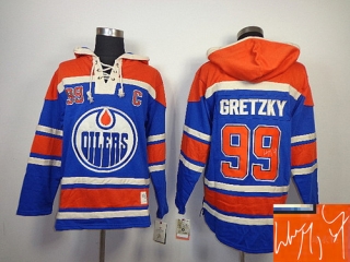 Autographed Edmonton Oilers -99 Wayne Gretzky Light Blue Sawyer Hooded Sweatshirt Stitched NHL Jerse