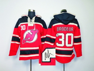 Autographed New Jersey Devils -30 Martin Brodeur Red Sawyer Hooded Sweatshirt Stitched NHL Jersey