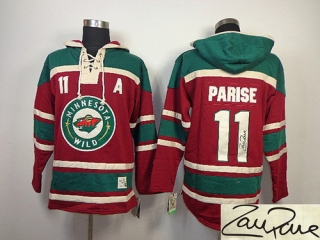 Autographed Minnesota Wild -11 Zach Parise Red Sawyer Hooded Sweatshirt Stitched NHL Jersey