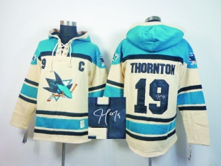 Autographed San Jose Sharks -19 Joe Thornton Stitched White Sawyer Hooded Sweatshirt Stitched NHL Je