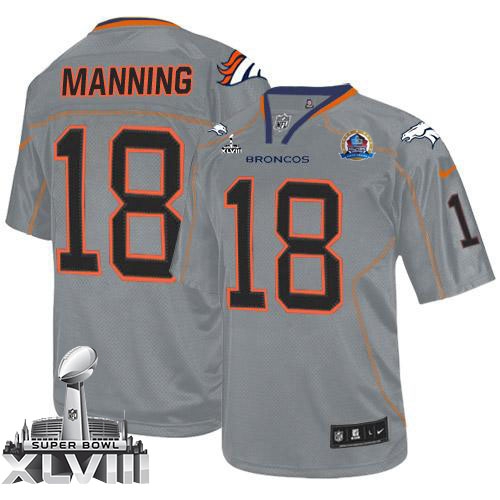 Nike Denver Broncos #18 Peyton Manning Lights Out Grey With Hall of Fame 50th Patch Super Bowl XLVII