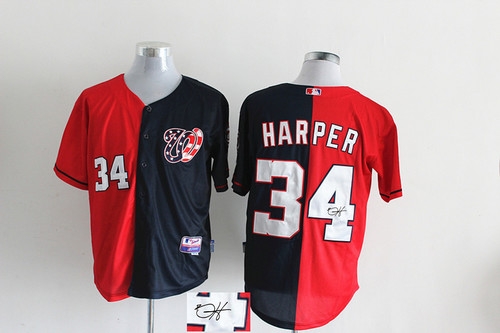 Washington Nationals #34 Bryce Harper Blue Red Split Fashion Stitched MLB Autographed Jersey